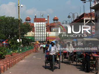 Shipping containers placed in front of the Red Fort ahead of India's 75th Independence day celebrations in New Delhi, India on August 5, 202...