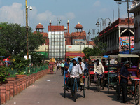 Shipping containers placed in front of the Red Fort ahead of India's 75th Independence day celebrations in New Delhi, India on August 5, 202...