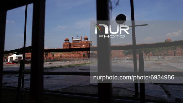 A view of Red fort as preparation go on ahead of India's 75th Independence day celebrations in New Delhi, India on August 5, 2021. Security...