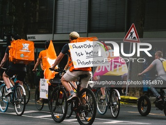 general view of the riders from Lieferando protest for better working condition in Cologne, Germanz on August 13, 2021 (