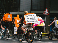 general view of the riders from Lieferando protest for better working condition in Cologne, Germanz on August 13, 2021 (