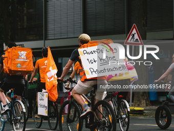 general view of the riders from Lieferando protest for better working condition in Cologne, Germanz on August 13, 2021 (