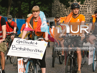 general view of the riders from Lieferando protest for better working condition in Cologne, Germanz on August 13, 2021 (