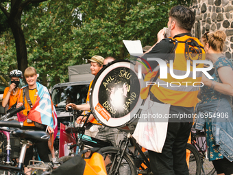 general view of the riders from Lieferando protest for better working condition in Cologne, Germanz on August 13, 2021 (