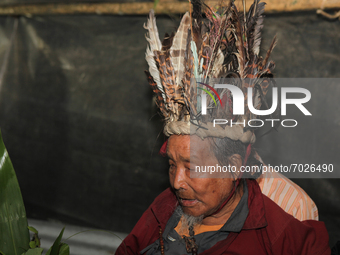 A 90 year-old Lepcha Bomthing (Lepcha priest) wearing feathered hat chants prayers during an animal sacrifice ceremony to appease evil spiri...