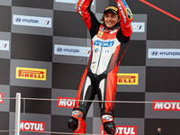 Axel Bassani of Motocorsa Racing Team with Ducati Panigale V4 on the podium during the Race 1 of Hyundai N Catalunya WorldSBK Round of FIM W...