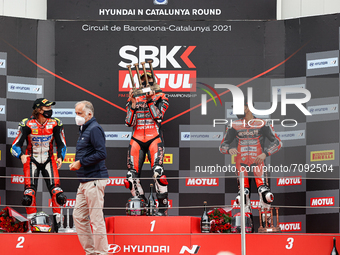 Scott Redding of Aruba.it Racing Ducati Team with Ducati Panigale V4 on the podium during the Race 1 of Hyundai N Catalunya WorldSBK Round o...