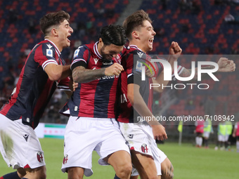 Aaron Hickey (Bologna F.C.) celebrates  with his teammates after scoring goal 1-0 during the Italian Serie A soccer match Bologna F.C. vs Ge...