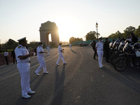 Naval officers receive the motorcycle expedition team of Indian Navy as part of ‘Swarnim Vijay Abhiyan’  at India Gate in New Delhi, India o...