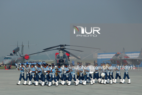 Indian Air Force's band members perform during the full dress rehearsal of Air Force Day parade at the Hindon Air Force Station on the outsk...