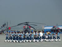 Indian Air Force's band members perform during the full dress rehearsal of Air Force Day parade at the Hindon Air Force Station on the outsk...