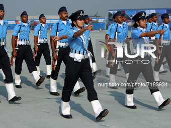 An Indian Air Force officer leads a marching contingent during the full dress rehearsal of Air Force Day parade at the Hindon Air Force Stat...