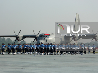 Indian Air Force (IAF) soldiers march past during the 89th Air Force Day parade at Hindon Air Force Station on the outskirts of New Delhi, I...