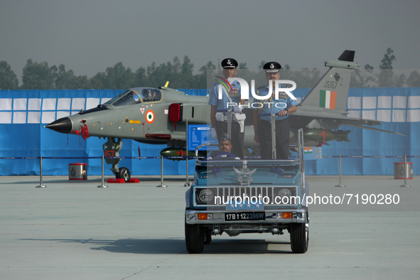 Indian Air Force's (IAF) Chief Marshal V R Chaudhari (R) inspects a guard of honor during the 89th Air Force Day parade at Hindon Air Force...