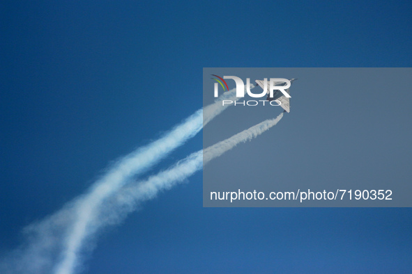 Indian Air Force's (IAF) fighter aircraft Tejas performs aerobatic maneuvers during the 89th Air Force Day parade at Hindon Air Force Statio...