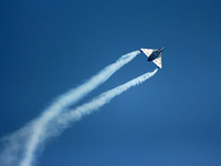 Indian Air Force's (IAF) fighter aircraft Tejas performs aerobatic maneuvers during the 89th Air Force Day parade at Hindon Air Force Statio...