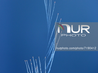 Indian Air Force's (IAF) fighter aircraft Sukhoi Su-30MKI fires flares during the 89th Air Force Day parade at Hindon Air Force Station on t...