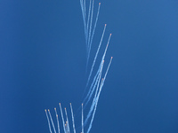 Indian Air Force's (IAF) fighter aircraft Sukhoi Su-30MKI fires flares during the 89th Air Force Day parade at Hindon Air Force Station on t...