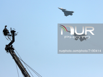 Indian Air Force's (IAF) fighter aircrafts Rafale and Sukhoi Su-30MKI fly past during the 89th Air Force Day parade at Hindon Air Force Stat...