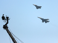 Indian Air Force's (IAF) fighter aircrafts Rafale and Sukhoi Su-30MKI fly past during the 89th Air Force Day parade at Hindon Air Force Stat...