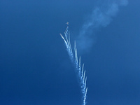 Indian Air Force's (IAF) fighter aircraft Rafale performs aerobatic maneuvers during the 89th Air Force Day parade at Hindon Air Force Stati...