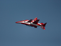 Indian Air Force's (IAF) 'Surya Kiran' aircrafts perform aerobatic maneuvers during the 89th Air Force Day parade at Hindon Air Force Statio...