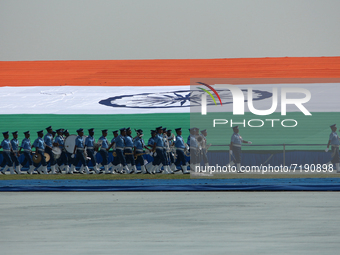 Indian Air Force (IAF) soldiers march past during the 89th Air Force Day parade at Hindon Air Force Station on the outskirts of New Delhi, I...