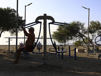 A man is exercising on a simulator on 
Power Beach in Limassol. Cyprus, Wednesday, October 13, 2021. Every second resident of Cyprus does n...