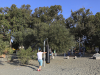 A man boxing on Power Beach in Limassol. Cyprus, Wednesday, October 13, 2021. Every second resident of Cyprus does not play sports or do any...