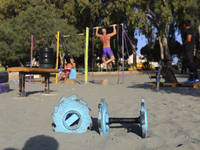 Sports dumbbells lie on Power Beach in Limassol. Cyprus, Wednesday, October 13, 2021. Every second resident of Cyprus does not play sports o...