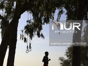 A man doing sports on Power Beach in Limassol. Cyprus, Wednesday, October 13, 2021. Every second resident of Cyprus does not play sports or...