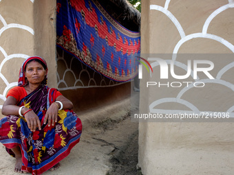 A woman poses in front of her painted house in alpona village in chapainawabganj, Bangladesh. (