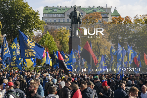 Veterans of Russian-Ukrainian war , activists and supporters of Ukraine's nationalist movements,  take part in a procession to mark the Defe...