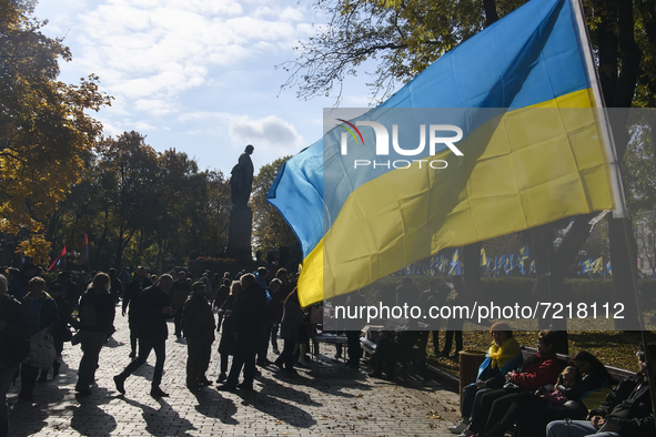 Veterans of Russian-Ukrainian war , activists and supporters of Ukraine's nationalist movements,  take part in a procession to mark the Defe...