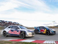 Timmy HANSEN (SWE) in Peugeot 208 of Hansen World RX Team (R) and Johan KRISTOFFERSSON (SWE) in Audi S1 of KYB EKS JC (L) in action during t...