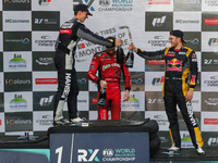 Niclas GRONHOLM (FIN) Winner (C), Timmy HANSEN (SWE) (L) and Kevin HANSEN (SWE) (R) in Podium Ceremony of World RX of Portugal 2021, at Mont...
