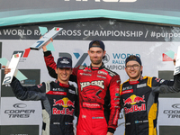 Niclas GRONHOLM (FIN) Winner (C), Timmy HANSEN (SWE) (L) and Kevin HANSEN (SWE) (R) in Podium Ceremony of World RX of Portugal 2021, at Mont...