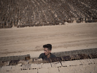 An Afghan refugee labor piles up bricks after removing them from a kiln in a brick factory, in the Borkhar area in the west of the city of I...