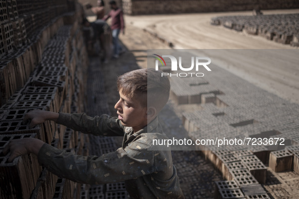 A young Afghan refugee labor piles up bricks after removing them from a kiln in a brick factory, in the Borkhar area in the west of the city...