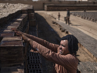 An Afghan refugee labor piles up bricks after removing them from a kiln in a brick factory, in the Borkhar area in the west of the city of I...