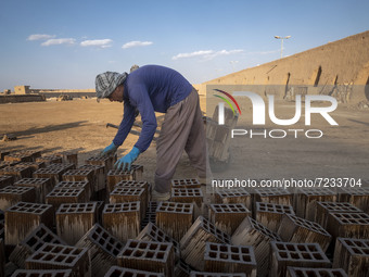 An Afghan refugee labor collects newly made bricks as he works in a brick factory, in the Borkhar area in the west of the city of Isfahan 43...