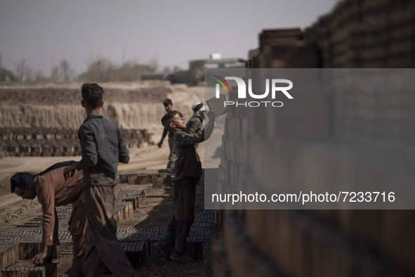 A young Afghan refugee labor piles up bricks after removing them from a kiln in a brick factory, in the Borkhar area in the west of the city...