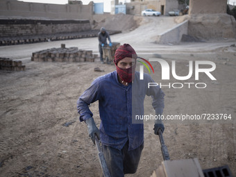 An Afghan refugee labor carrying newly bricks to a kiln in a brick factory, in the Borkhar area in the west of the city of Isfahan 439Km (27...