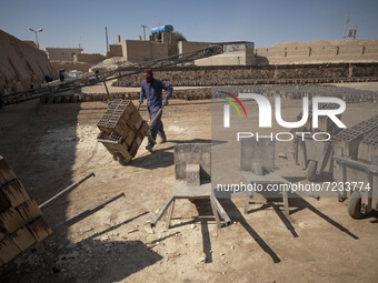 An Afghan refugee labor carrying newly bricks to a kiln in a brick factory, in the Borkhar area in the west of the city of Isfahan 439Km (27...