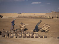 Two Afghan refugee laborers carrying newly bricks to a kiln in a brick factory, in the Borkhar area in the west of the city of Isfahan 439Km...