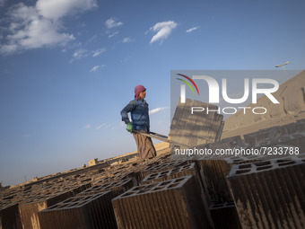 An Afghan refugee labor carrying newly bricks to a kiln in a brick factory, in the Borkhar area in the west of the city of Isfahan 439Km (27...