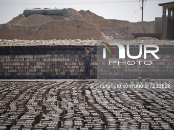 A young Afghan refugee labor looks on as he stands in a brick factory, in the Borkhar area in the west of the city of Isfahan 439Km (273 Mil...