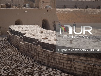 An Afghan refugee labor walks past newly bricks while working in a brick factory in the Borkhar area in the west of the city of Isfahan 439K...