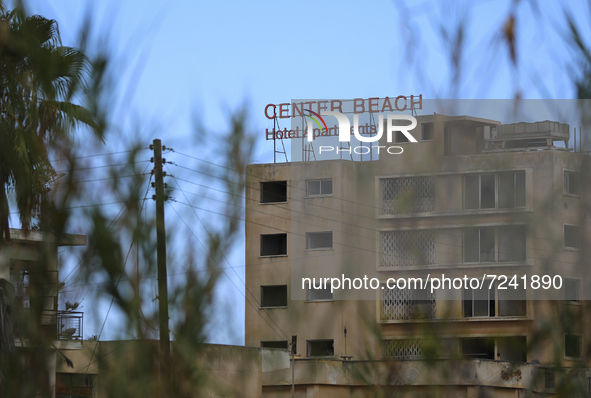 An abandoned hotel building, fenced off by the Turkish military since 1974, in the abandoned coastal area of Varosha, a suburb of Famagusta...