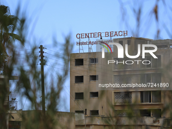 An abandoned hotel building, fenced off by the Turkish military since 1974, in the abandoned coastal area of Varosha, a suburb of Famagusta...